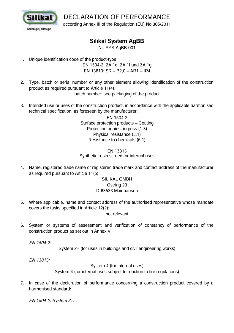 Declaration of performance Silikal System AgBB