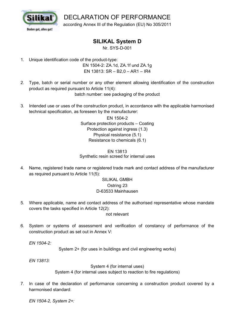 Declaration of performance Silikal System D