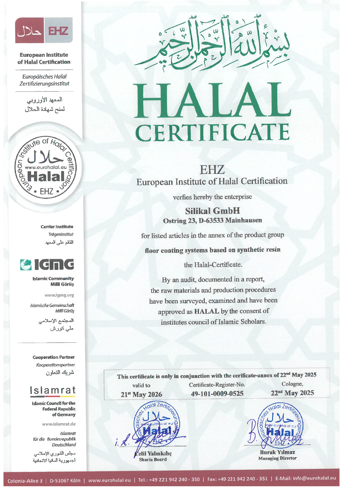 Silikal - Halal Certificate from EHZ - European Institue of Halal Certification